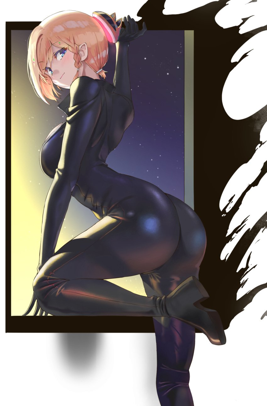 aki_rosenthal ass black_bodysuit black_footwear blonde_hair blue_eyes bodysuit braid breasts celty_sturluson celty_sturluson_(cosplay) closed_mouth cosplay durarara!! female highres hololive hololive_gen_1 hololive_japan looking_at_viewer medium_breasts short_hair single_braid skin_tight smile solo twin_(tt_lsh) virtual_youtuber