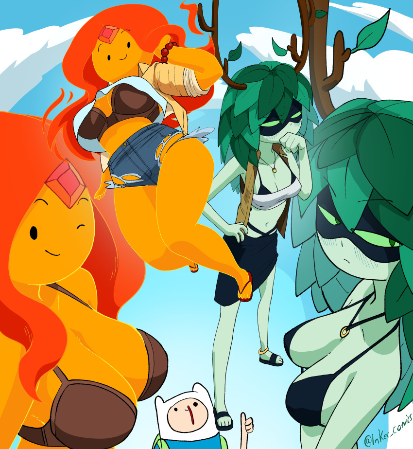 adventure_time bra bracelet breasts brown_bra cleavage finn_the_human fire_humanoid flame_princess gem huntress_wizard inkershike jean_shorts jeans ripped_clothes ripped_clothing ripped_jeans ripped_pants sandals shorts size_difference smiling