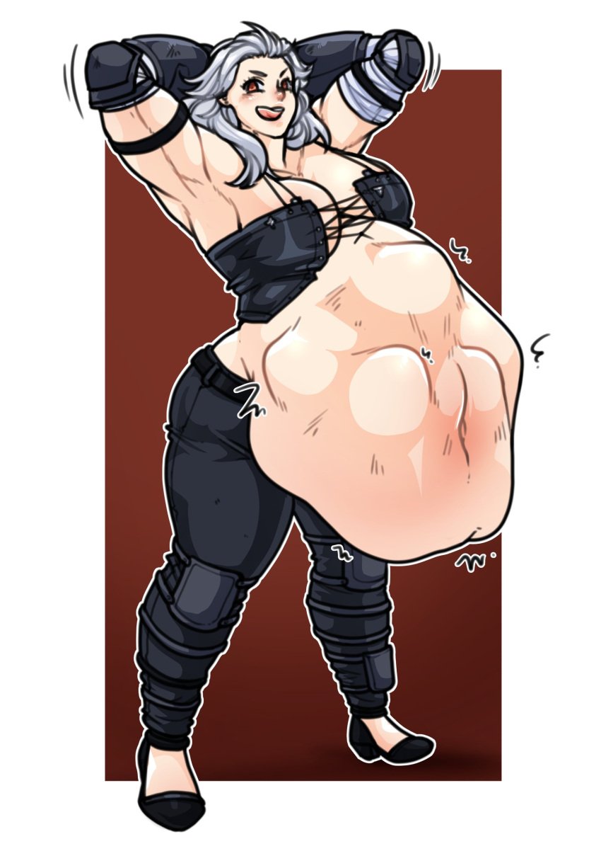 arms_behind_back belly big_belly big_breasts breasts dorohedoro ecchipandaa large_breasts muscular muscular_female noi_(dorohedoro) same_size_vore tongue vore white_hair