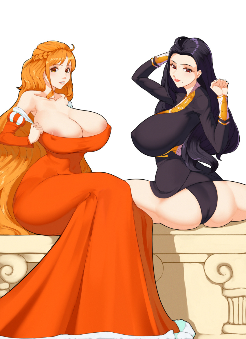 2girls 47_hard ass big_breasts black_hair breasts dress eyebrows female female_only fully_clothed huge_breasts lemonade_omega long_hair looking_at_viewer nami nami_(one_piece) nico_robin nipple_bulge one_piece orange_hair post-timeskip sideboob spread_legs