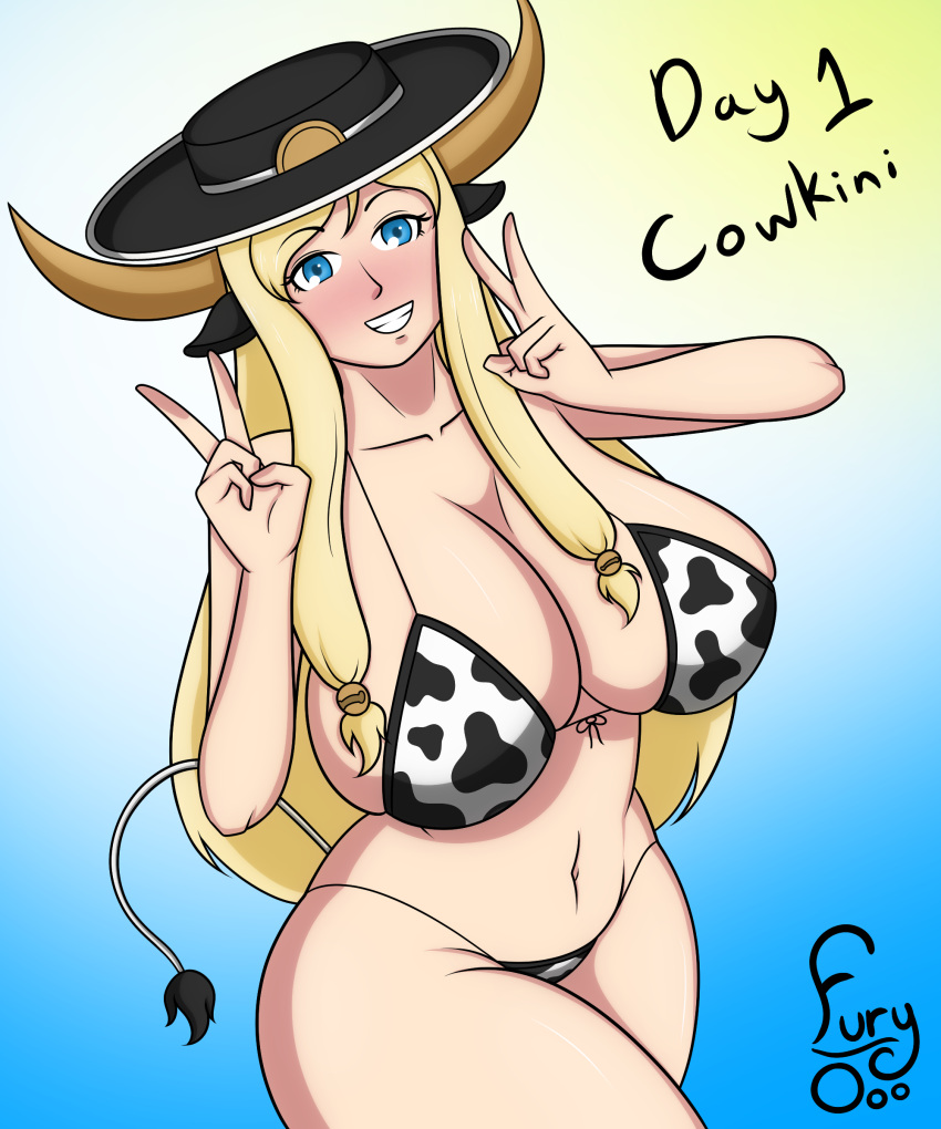 1girls bells big_breasts bikini bikini_bottom bikini_top blonde_hair blue_eyes breasts cow_ears cow_girl cow_horns cow_print cow_print_bikini cow_tail cowboy_hat cowkini double_peace_sign fury_o grin grinning hat hi_res huge_breasts maria_(furyo) original original_character pale-skinned_female pale_skin peace_sign squish tagme thick_thighs thighs