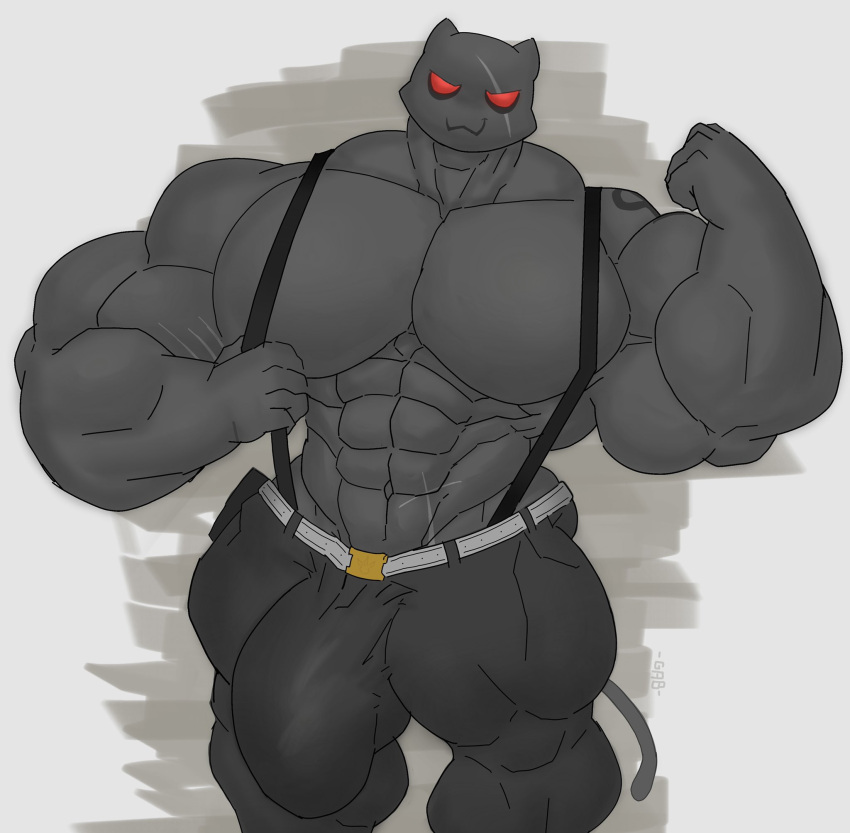 1boy 2022 :3 abs anthro belt biceps big_biceps big_bulge big_muscles bodybuilder bottomwear broad_shoulders bulge cat_boy cat_tail catboy clothed clothing domestic_cat epic_games evil_eyes eye_scar facial_scar felid feline felis fist flaccid flexing fortnite front_view furry gab_art genital_outline grey_background grey_body grey_bottomwear grey_clothing grey_pants grey_theme highres huge_biceps huge_bulge huge_muscles huge_pecs hyper_biceps hyper_bulge hyper_muscles hyper_pecs looking_at_viewer male male_only mammal meowscles_(fortnite) muscles muscular muscular_anthro muscular_male muscular_thighs pants pecs penis_outline red_eyes red_sclera scar scratches shadow_meowscles_(fortnite) simple_background smile solo standing suspenders topless topless_male upper_body video_games wide_shoulders