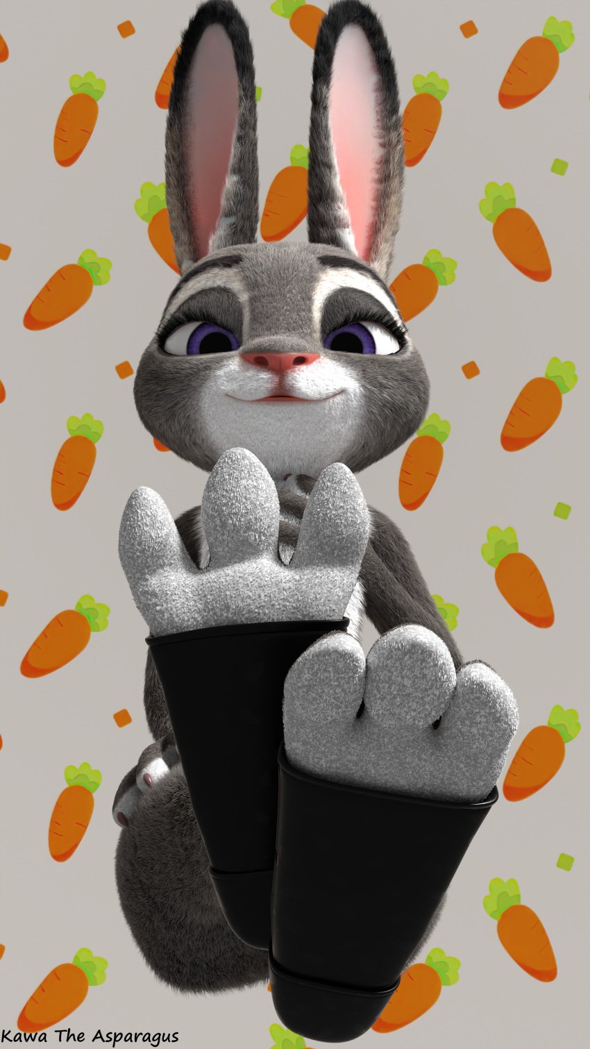 3d_(artwork) 4k 9:16 absurd_res anthro carrot clothing digital_media_(artwork) disney feet feet_first feet_together female food foot_focus footwear footwear_only fur grey_body grey_fur hand_on_chest hand_on_leg hi_res huge_filesize judy_hopps kawa_the_asparagus lagomorph leporid looking_at_viewer mammal mostly_nude multicolored_body multicolored_fur pattern_background plant purple_eyes rabbit realistic self_upload signature simple_background smile smiling_at_viewer solo spread_toes toeless_footwear toes two_tone_body two_tone_fur vegetable white_body white_fur zootopia