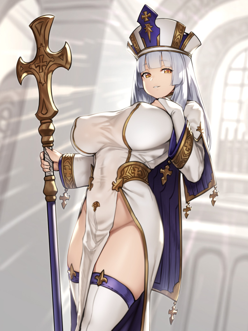 1girls backlighting bangs breasts bridal_gauntlets covered_nipples female holding houtengeki huge_breasts large_breasts long_hair long_sleeves looking_at_viewer mitre no_panties original pelvic_curtain priestess silver_hair solo standing thighhighs thighs white_dress white_headwear white_legwear