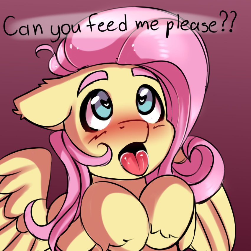 <3_eyes absurd_res ambiguous_gender begging blue_eyes blush dialogue ears_back equid equine female feral fluttershy_(mlp) friendship_is_magic hair hasbro heart hi_res hooves knochka looking_up mammal my_little_pony pegasus pink_hair pivoted_ears tongue tongue_out wings yellow_body yellow_wings