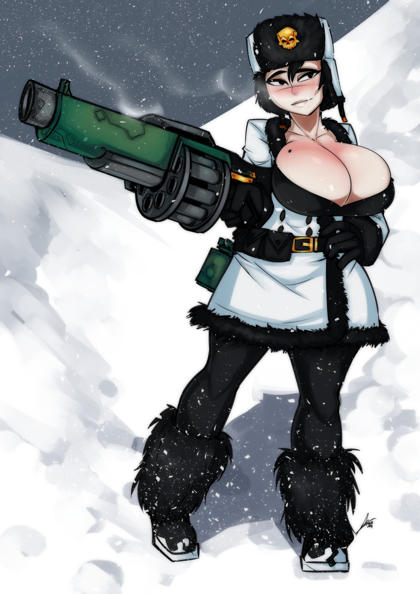 1girls astra_militarum black_eyes black_hair breasts clothed clothing female female_only fur fur_boots fur_hat gigantic_breasts grenade_launcher guardswoman_(warhammer_40k) hat huge_breasts imperial_guard imperium_of_man large_breasts mole sexualyeti snow solo solo_female valhallan_ice_warriors warhammer_(franchise) warhammer_40k