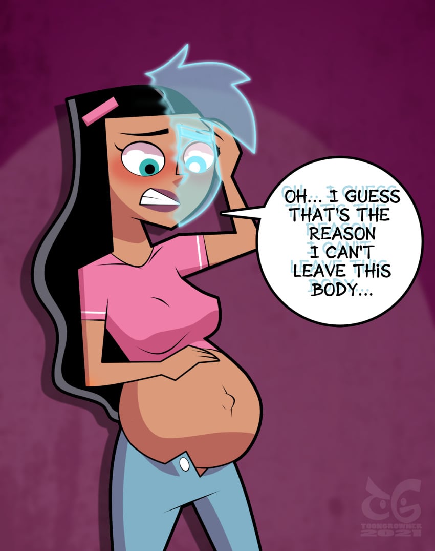 belly big_belly big_breasts black_hair breasts corruption danny_fenton danny_phantom female female_focus hand_on_belly latina nipple_bulge paulina_sanchez possession pregnant toongrowner