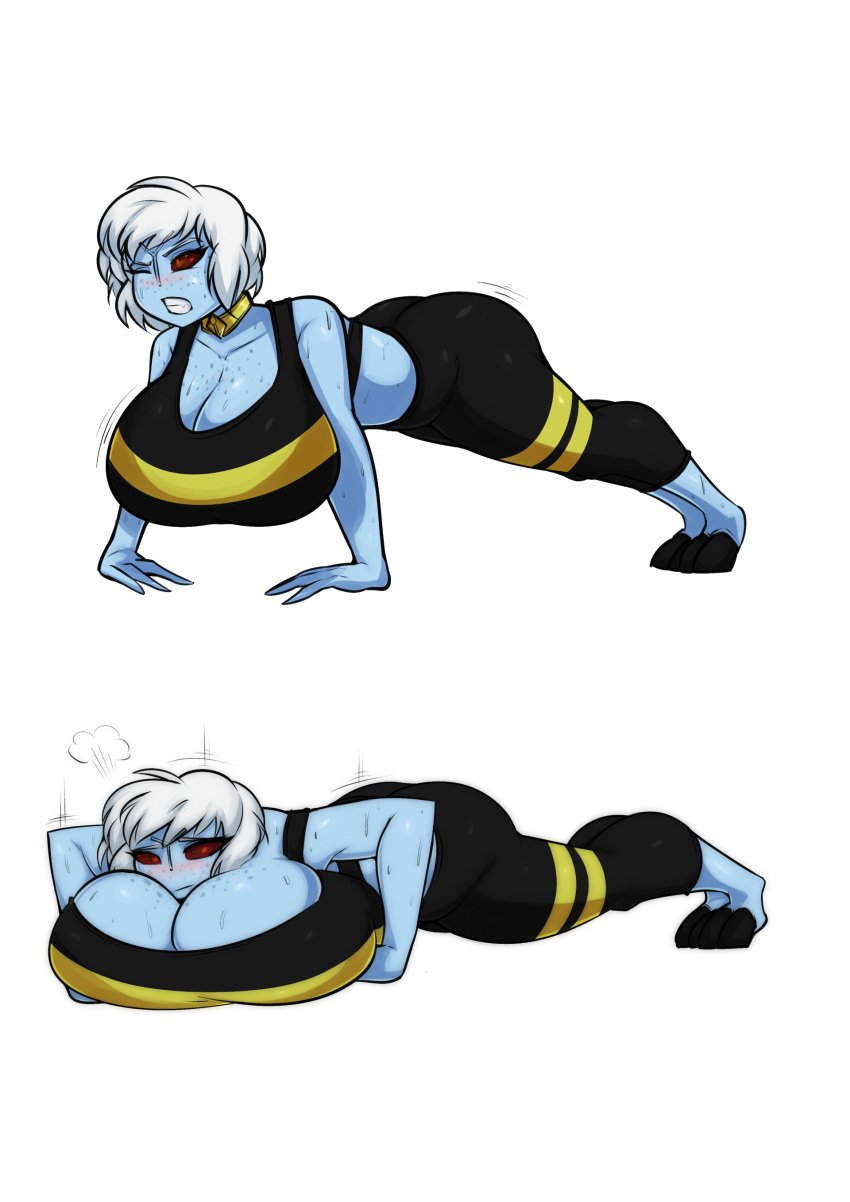 1girls alien_girl big_breasts blue_skin breasts_bigger_than_head female female_only gigantic_breasts o'pai_(aquaterrius) original_character push-up red_eyes sexualyeti solo solo_female sports_bra sportswear tau warhammer_(franchise) warhammer_40k white_hair