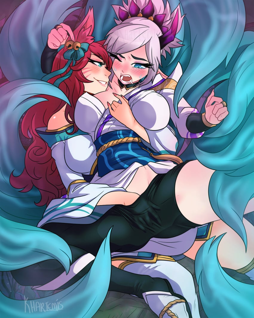 2girls ahri big_breasts blue_eyes blush blushing duo female female_only fingering fox_ears fox_girl grabbing grabbing_from_behind huge_breasts khartemis large_breasts league_of_legends long_hair masturbating masturbation multiple_girls muscular muscular_female open_mouth pink_hair riot_games riven smile spirit_blossom_ahri spirit_blossom_riven spirit_blossom_series spread_legs sweat sweatdrop thick_thighs white_hair yuri