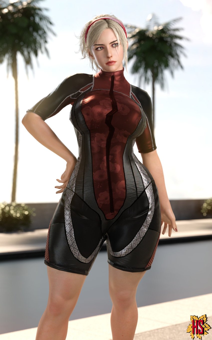 1girls 3d big_breasts blonde_hair female female_only hagiwara_studio lidia_sobieska prime_minister scar solo solo_female swimwear tekken tekken_7 thick_thighs