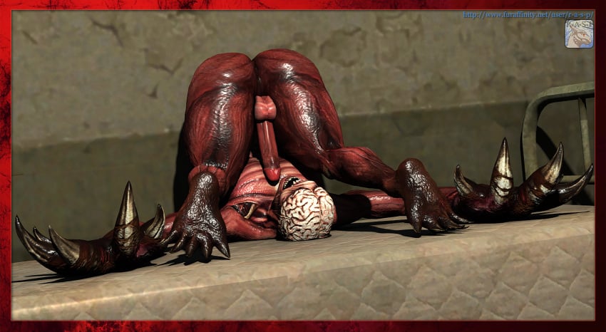 1male 1monster 3d anthro ass ass_up balls claws dick erection exposed_brain fangs gay humanoid humanoid_genitalia humanoid_penis large_penis licker male male_anthro male_only monster mouth_open no_eyes piledriver_position r-a-s-p_(artist) resident_evil resident_evil_3 retracted_foreskin solo submissive_male thick_thighs upside-down