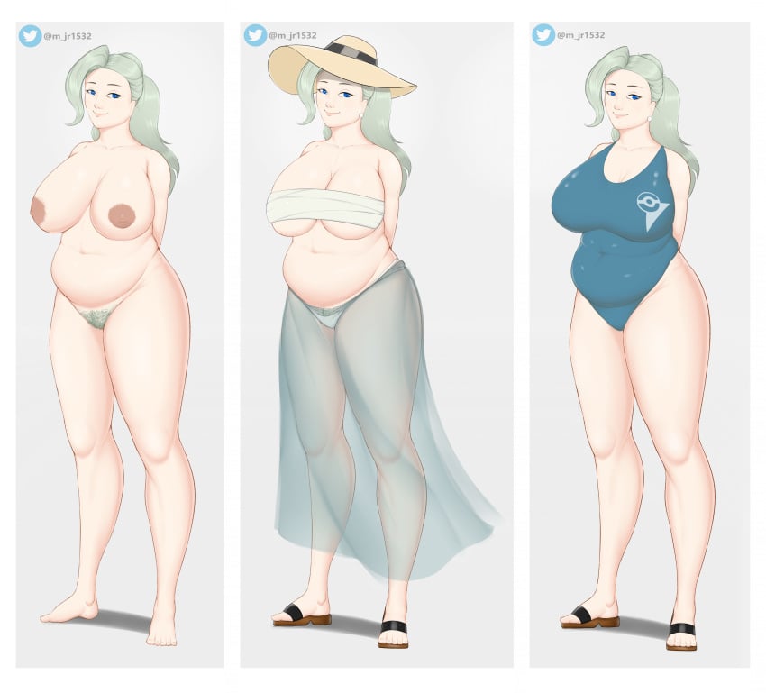 1girls alternate_costume big_breasts bikini chubby female game_freak gym_leader hairy human_only m_jr_art melony_(pokemon) milf nintendo pokemon pokemon_ss tagme