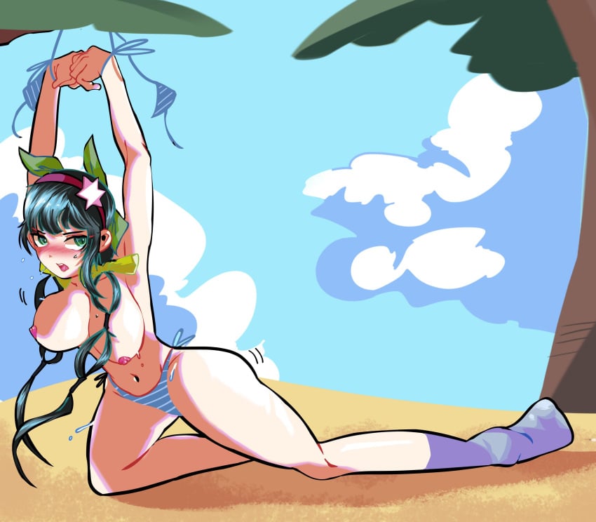 2022 beach big_breasts bikini bikini_bottom bikini_top bikini_top_removed black_hair blue_bikini blue_legwear blue_socks blue_thigh_highs blue_thigh_socks blue_thighhighs breasts chabashira_tenko cloud cloudy_sky danganronpa danganronpa_s:_ultimate_summer_camp danganronpa_v3 exposed_breasts green_eyes hair_ribbon hairband large_breasts new_danganronpa_v3 palm_tree palmtree pink_hairband public public_nudity sand sky straight_hair tied_up topless