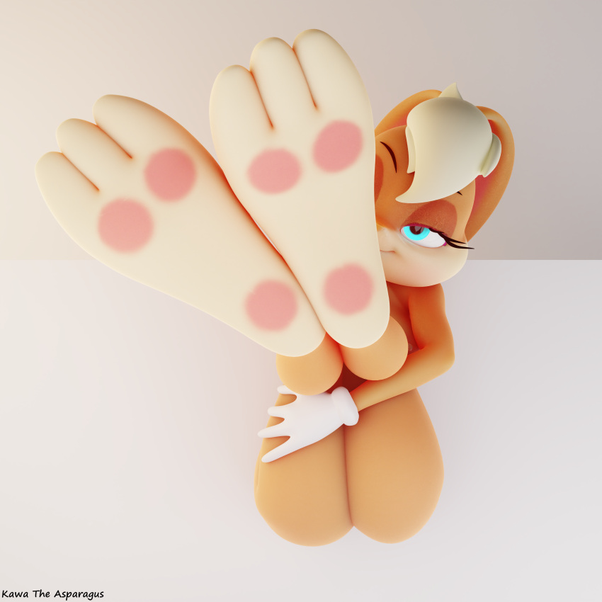 1:1 3d_(artwork) absurd_res anthro big_feet blue_eyes clothing digital_media_(artwork) feet female foot_fetish foot_focus fur gloves hand_on_legs hand_on_own_legs hand_on_thighs handwear hi_res huge_filesize kawa_the_asparagus lagomorph legs_up leporid lola_bunny looking_at_viewer looney_tunes mammal nipples orange_body orange_fur paws rabbit self_upload simple_background smile smiling_at_viewer solo warner_brothers white_background white_hands