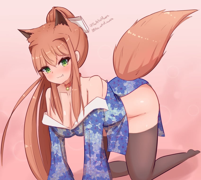 4_ears :3 all_fours animal_ears anthro ass_up bare_shoulders bell bent_knees bent_legs bent_over big_breasts blush blushing_at_viewer bow brown_hair choker cleavage clothed clothing collar collarbone crawling doki_doki_literature_club female female_focus female_only floral_print fluffy fluffy_ears fluffy_tail fox fox_ears fox_girl fox_tail green_eyes hairbow half-closed_eyes half-dressed hands_and_knees kemono kitsune large_breasts light_brown_hair looking_at_viewer monika_(doki_doki_literature_club) oerba_yun_fang ponytail shaded simple_background smile smiling smiling_at_viewer tail theartistaurora thick_thighs thighhighs thighs w_mouth