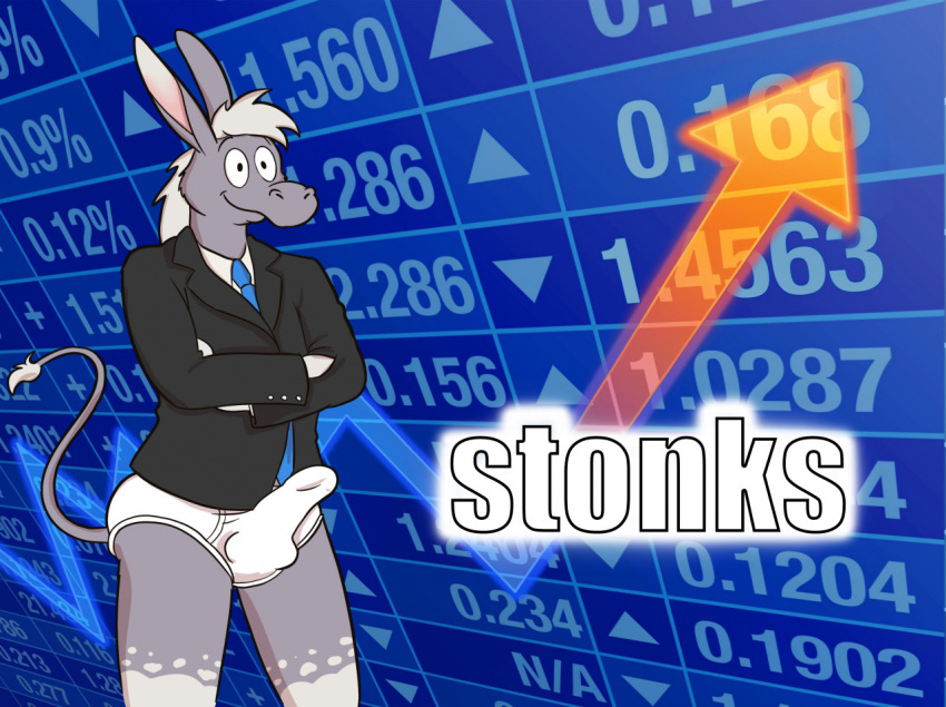 1boy anthro asinus black_suit blonde_hair blue_necktie briefs clothing coat crossed_arms dominic_byrne donkey dress_shirt english_text equid equine erection erection_under_clothes fur grey_body grey_fur hair half-dressed male male_focus mammal meme necktie shirt smallfryspy smile solo stock_market suit tan_body tan_fur text tighty_whities topwear underwear white_briefs white_clothing white_dress_shirt white_hair white_underwear