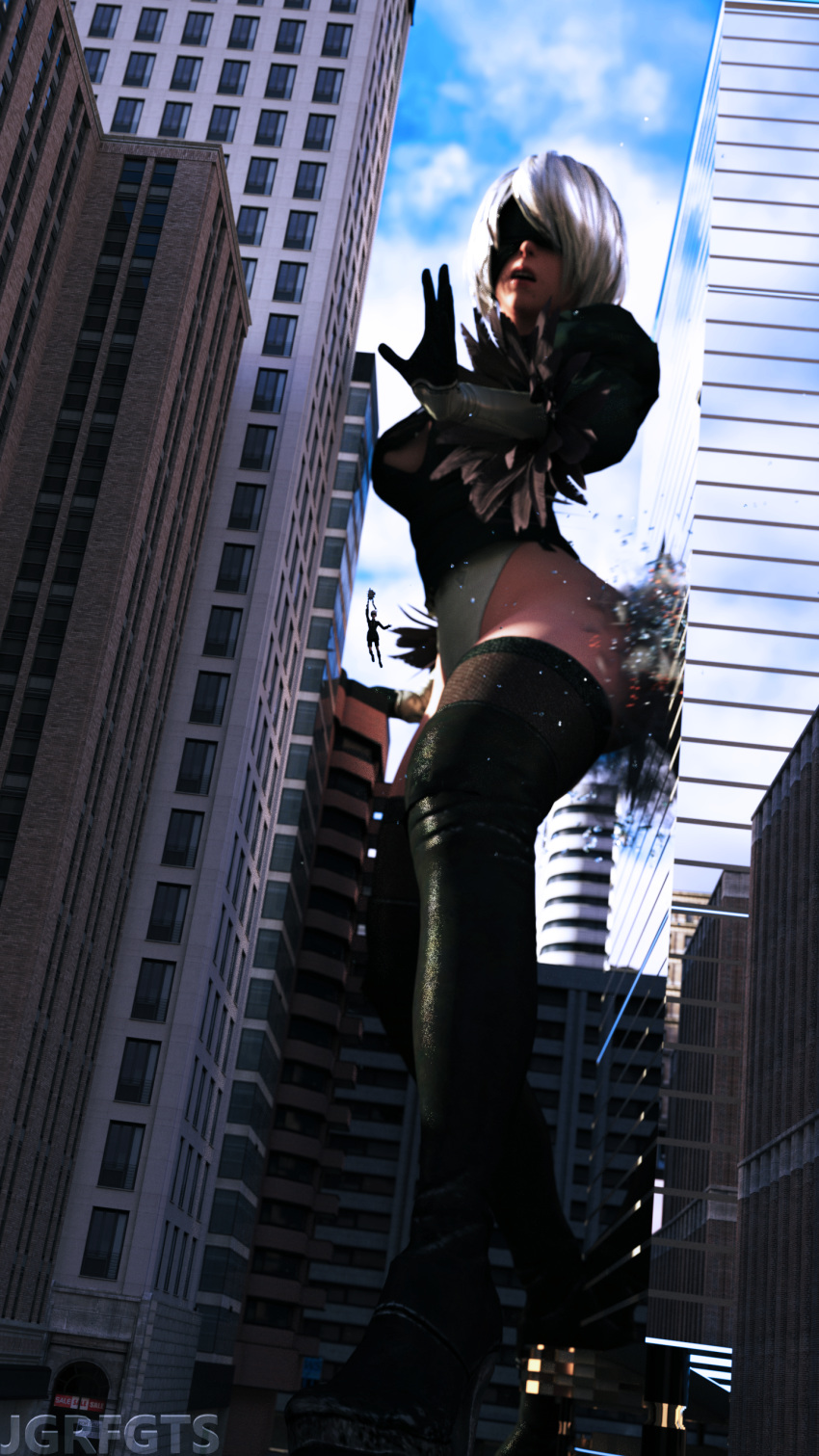 1boy 1girls 3d ass big_ass blindfold breasts city clothing destruction female female_focus giantess jgrfgts light-skinned_female light-skinned_male light_skin macro male nier nier:_automata thighhighs white_hair yorha_2b yorha_9s