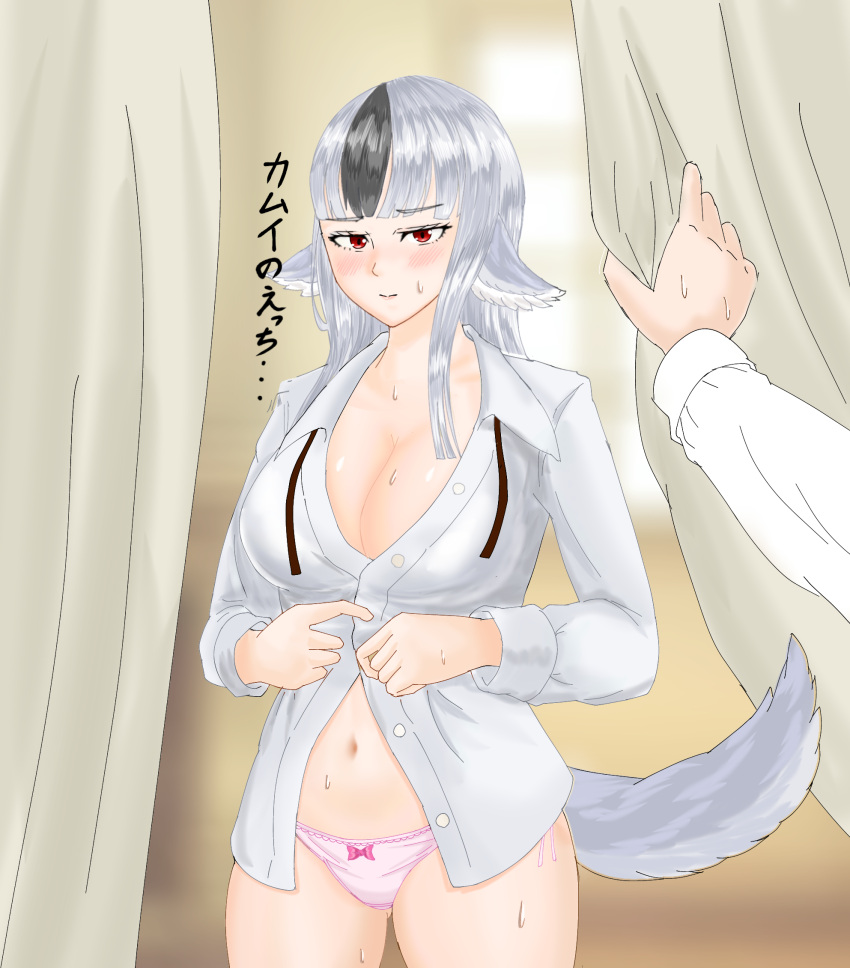 1girls alternate_breast_size ass_visible_through_thighs bare_thighs big_breasts breasts cat_neko_cat1 changing_clothes cleavage female female_focus fire_emblem fire_emblem_fates frown grey_hair japanese_text large_breasts looking_at_viewer nintendo panties pink_panties pointy_ears pov red_eyes shirt solo_focus sweat tail text thighs translation_request undressing velouria_(fire_emblem) walk-in wolf_girl