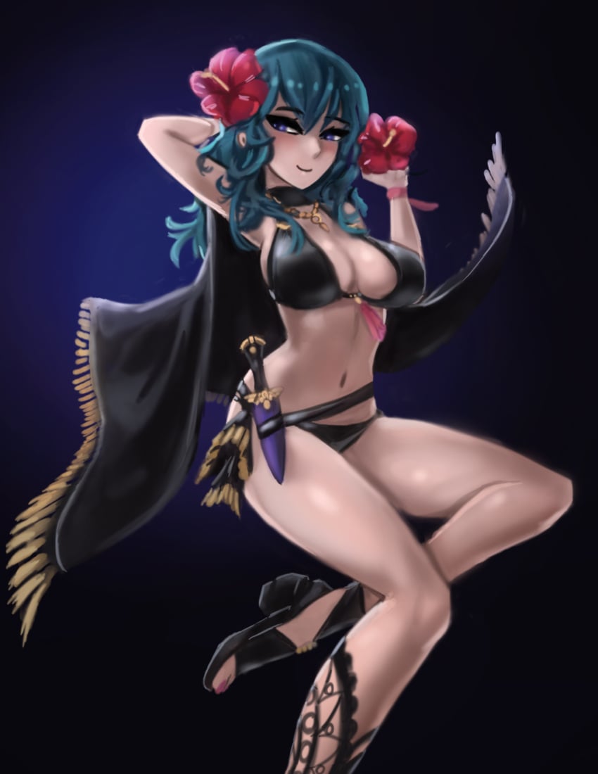 alternate_costume bikini black_bikini black_footwear black_swimsuit blue_eyes blue_hair breasts byleth_(fire_emblem) byleth_(fire_emblem)_(female) female female_only fire_emblem fire_emblem:_three_houses fire_emblem_heroes fraudulenttaco nintendo official_alternate_costume sandals solo swimsuit