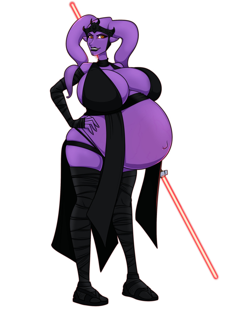 1girls alien alien_girl belly big_belly big_breasts breasts double_bladed_lightsaber female large_breasts lightsaber pregnant pregnant_alien purple_skin red_lightsaber riddleaugust sith solo_female star_wars twi'lek