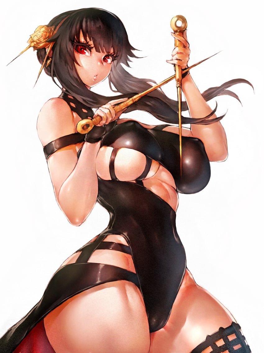 1girls assassin black_hair breasts female female_human female_only fit_female fumio_(rsqkr) hi_res hourglass_figure human knives large_breasts light-skinned_female mature_female nipple_bulge red_eyes slim_waist solo spy_x_family stiletto_(weapon) thick_thighs thighs thorn_princess underboob white_background wide_hips yor_briar yor_forger