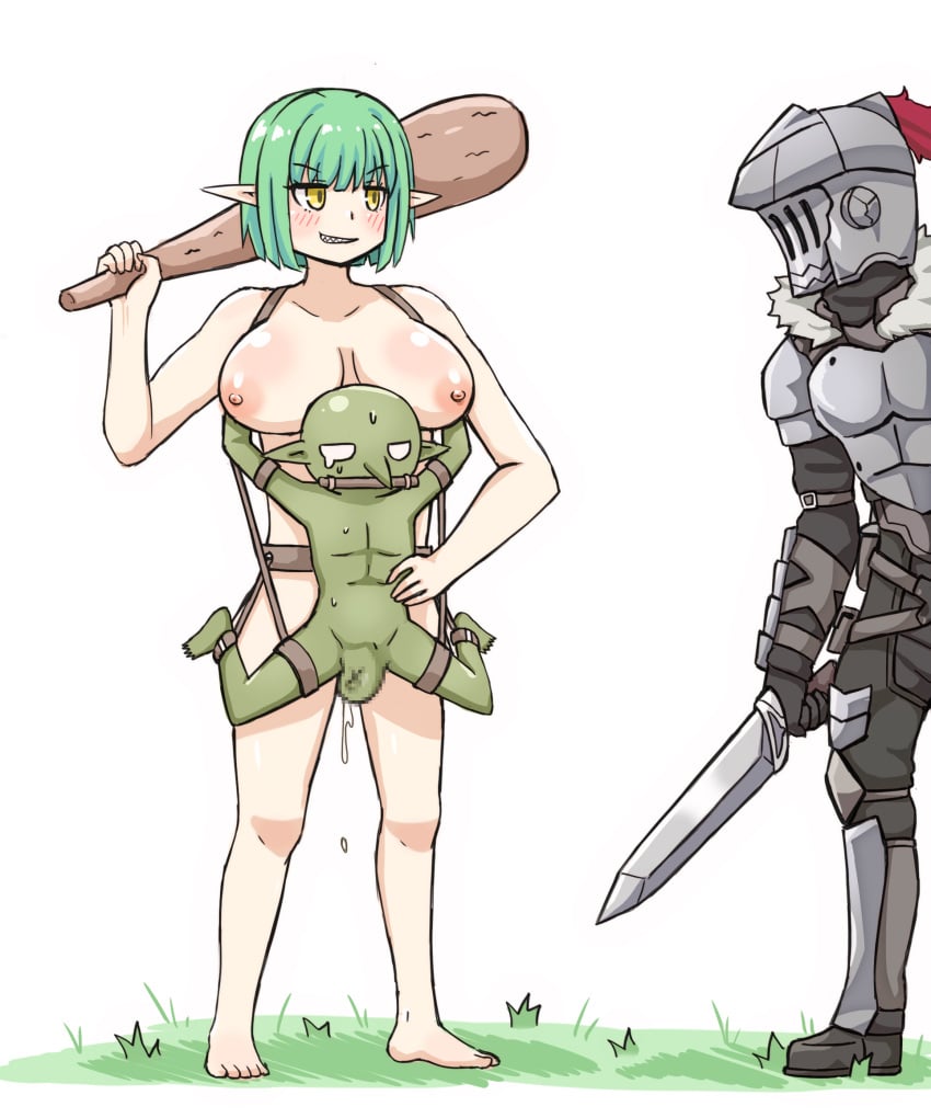 1boy 1girl armor bondage bound censored clothed_male_nude_female club_(weapon) comedy cum elf female funny gag gauntlets goblin goblin_slayer grass greaves greenteaneko harness helmet highres humor implied_sex male_penetrated malesub meat_armor mosaic_censoring nude pointy_ears submissive submissive_male sword testicles weapon