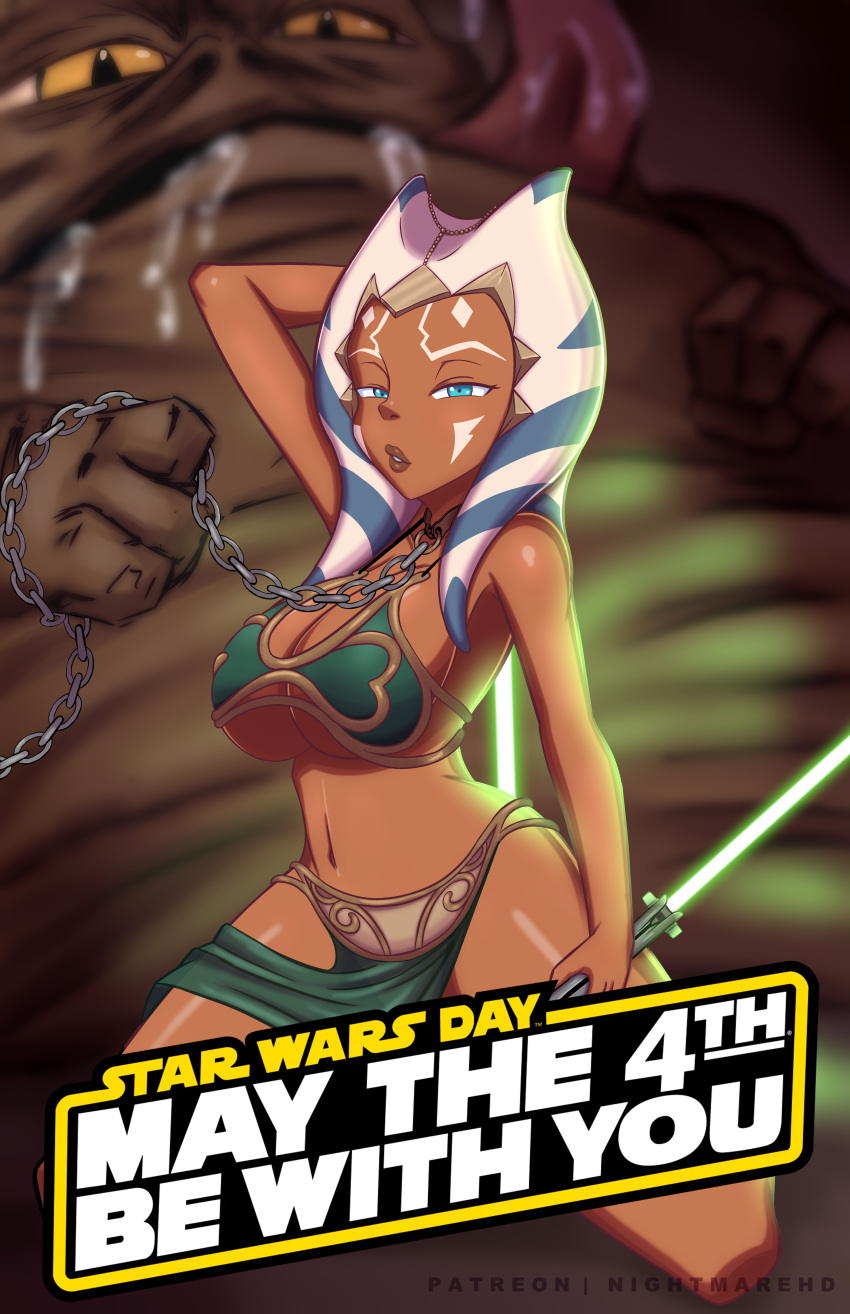 1girls ahsoka_tano alien alien_girl alternate_version_available big_breasts blue_eyes breasts collar eye_contact female hutt jabba_the_hutt long_hair looking_at_viewer nightmare_hdraw orange_skin star_wars text the_clone_wars:_season_one thick_thighs thighs togruta white_hair