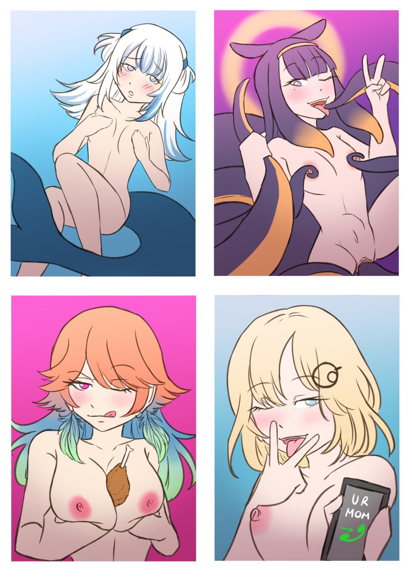 4_panels 4girls ;d areola areolae belly_button blonde_hair blue_eyes blush breasts casual cellphone chicken_leg commentary_request completely_nude completely_nude_female cunnilingus_gesture electronics eyebrows_visible_through_hair feather_earrings female flat_chest gawr_gura hololive hololive_english hololive_myth human light-skinned_female light_blue_background light_blue_eyes light_skin marinesunspice mole mole_under_eye multiple_girls naked ninomae_ina'nis nipples nude nude_female one_eye_closed orange_hair pink_background pink_eyes poster purple_background purple_eyes purple_hair purple_tentacles shark_girl shark_tail smartphone takanashi_kiara tentacle_masturbation tentacles tongue_out v_sign vaginal virtual_youtuber visual_pun watson_amelia white_hair your_mom