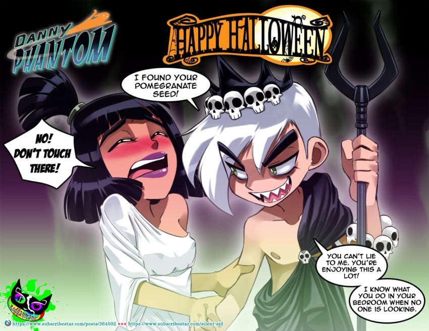 1boy 1girls black_hair canon_couple cosplay costume danny_fenton danny_phantom dialogue english_text female fingering goth goth_girl hades halloween hazardhead69 male male/female maledom nickelodeon persephone pussy_grab sam_manson silent-sid silent-sid_1992 silent_sid speech_bubble straight text white_hair