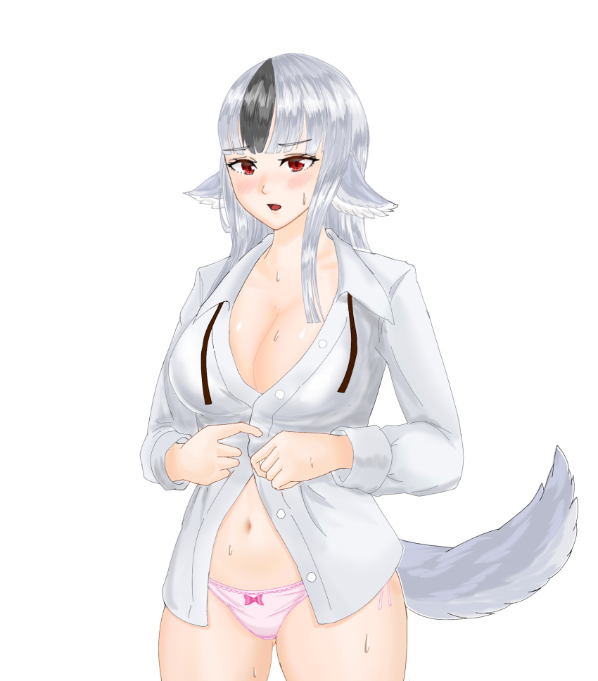 1girls alternate_breast_size ass_visible_through_thighs bare_thighs big_breasts breasts cat_neko_cat1 changing_clothes cleavage female female_only fire_emblem fire_emblem_fates frown grey_hair large_breasts looking_at_viewer nintendo panties pink_panties pointy_ears red_eyes shirt shocked solo sweat tail thighs undressing velouria_(fire_emblem) walk-in white_background wolf_girl