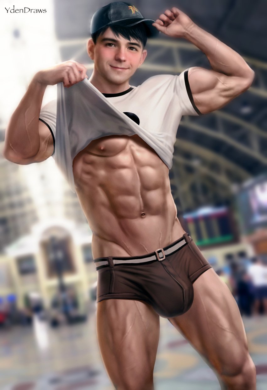 1boy abs bara big_bulge big_hero_6 blurry_background boxers bulge cap cap_on disney flexing_arms flexing_muscles huge_bulge lifting_shirt male_only marvel muscular_arms muscular_legs muscular_male muscular_thighs pectorals shirt_lift shirt_up solo_male tadashi_hamada ydendraws