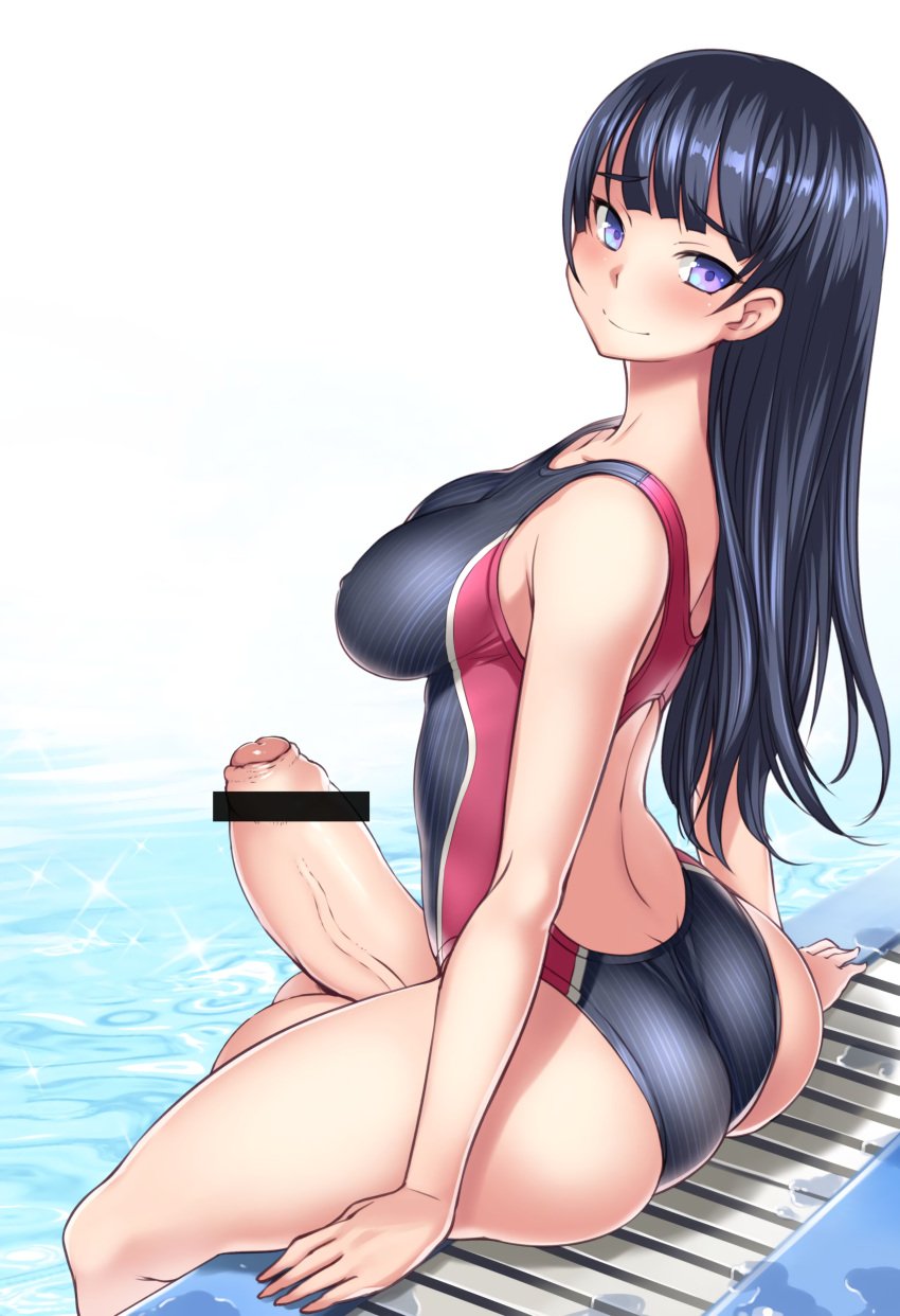 1futa back back_view balls big_breasts black_hair bosshi breasts censor_bar censored censored_penis clothed clothing erection futa_only futanari heart-shaped_pupils huge_balls huge_cock human light-skinned_futanari light_skin long_hair long_image looking_back one-piece_swimsuit orgasm partially_clothed partially_retracted_foreskin penis pool sitting solo swimsuit thick_penis tongue tongue_out uncut