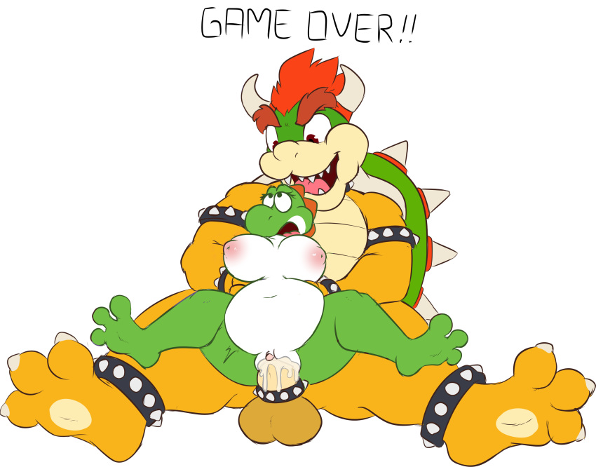 1boy 1girls 3_toes absurd_res anthro_only balls bowser breasts cock_ring couple_(disambiguation) cum cum_in_pussy cum_inflation cum_inside cumdrip death_by_snoo_snoo female full_body game_over gameplay_mechanics haiku_oezu hi_res hindpaw inflation looking_at_another male mario_(series) nintendo nipples nude on_top paws penetration penis pussy reverse_cowgirl_position sex shocked simple_background sitting size_difference soles spiked_cock_ring spiked_collar stomach_bulge super_mario_bros. text toes vaginal_penetration video_games white_background yoshi