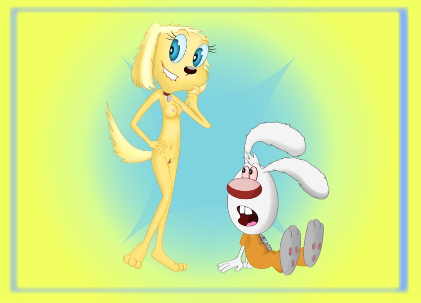 anthro brandy_and_mr._whiskers brandy_harrington canine disney disney_channel dog female furry looking_at_another looking_at_viewer male mammal mr._whiskers nipples nude rabbit sitting size_difference standing tagme toon_disney