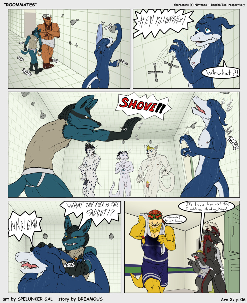 9boys balls bowser_jr. bowser_koopa_junior_(roommates) canine comic crossover digimon digimon_(species) dragon felid flaccid flamedramon furry leomon lion lucario male male_only mario_(series) muscular nintendo penis pokemon pokemon_(species) pubic_hair scalie shower spelunker_sal testicles text