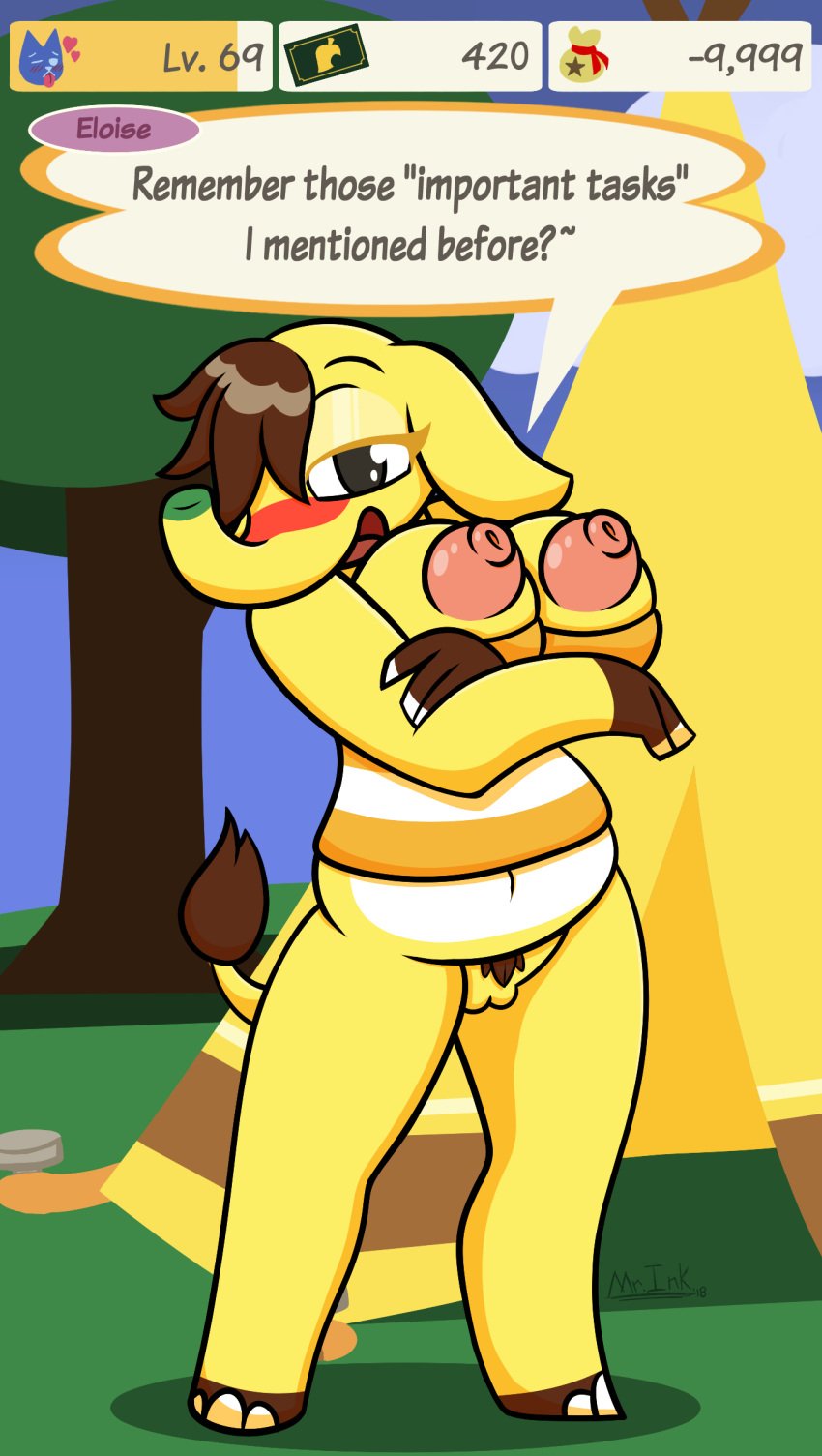 animal_crossing anthro big_breasts blush breasts clothed clothing digital_media_(artwork) elephant eloise_(animal_crossing) female fur furry hair hi_res looking_at_viewer mammal mr._ink nintendo nipples open_mouth pussy slightly_chubby smile solo trunk video_games