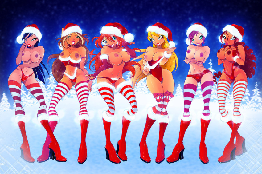 6+girls 6girls aisha_(winx_club) areolae bare_shoulders big_breasts bikini_bottom bimbo black_hair blonde_hair bloom_(winx_club) blue_eyes boots breast_hold breasts bridal_gloves brown_hair busty christmas cleavage curvy dark-skinned_female dark_skin detailed_background earmuffs elbow_gloves erect_nipple erect_nipples eyelashes eyeliner eyeshadow female female_only fingerless_gloves fishnet flora_(winx_club) footwear gloves green_eyes group half-dressed half_dressed hand_on_hip hands_on_hip hands_on_hips hat high_heel_boots high_heels holding_object hourglass_figure human layla_(winx_club) legwear lipstick long_hair looking_at_viewer makeup mascara multiple_females multiple_girls musa musa_(winx_club) nipple_slip nipples no_bra one-piece_swimsuit outdoor outside pink_lipstick pose posing public_topless purple_hair red_gloves red_hair red_lipstick santa_hat shiny shiny_skin short_hair skimpy smiling spread_legs spreading standing stella_(winx_club) stockings striped striped_legwear striped_thighhighs swimsuit tecna tecna_(winx_club) teenager thin_waist thong top_hat topless voluptuous wide_hips winx_club yellow_eyes yellow_hair zfive