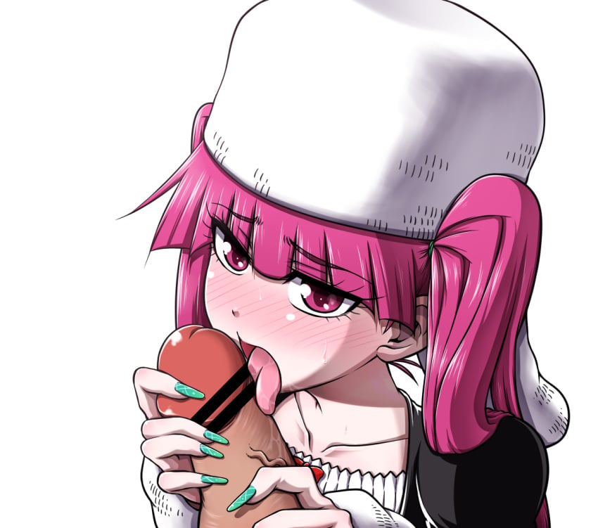 1boy 1girls bleach blunt_bangs blush censored collarbone dokugamine_riruka female fullbringer green_nails hanyapunifu hat licking long_fingernails long_hair looking_at_viewer male nail_polish oral penis pink_eyes pink_hair pointless_censoring pov saliva solo_focus sweatdrop tied_hair tongue tongue_out twintails white_hat