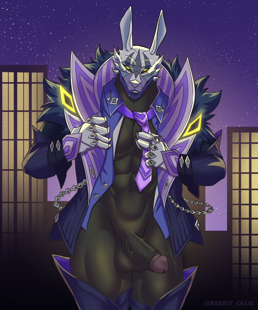 absurd_res anthro anubian_jackal balls black_tie_(suit) breasts canid canine canis city city_background clothed clothing digital_media_(artwork) dream_raider_nasus erection genitals hair hi_res humanoid_genitalia humanoid_penis jackal league_of_legends male mammal muscular muscular_male nasus nude ollie_rabbit penis riot_games simple_background solo suit video_games wolf yellow_eyes