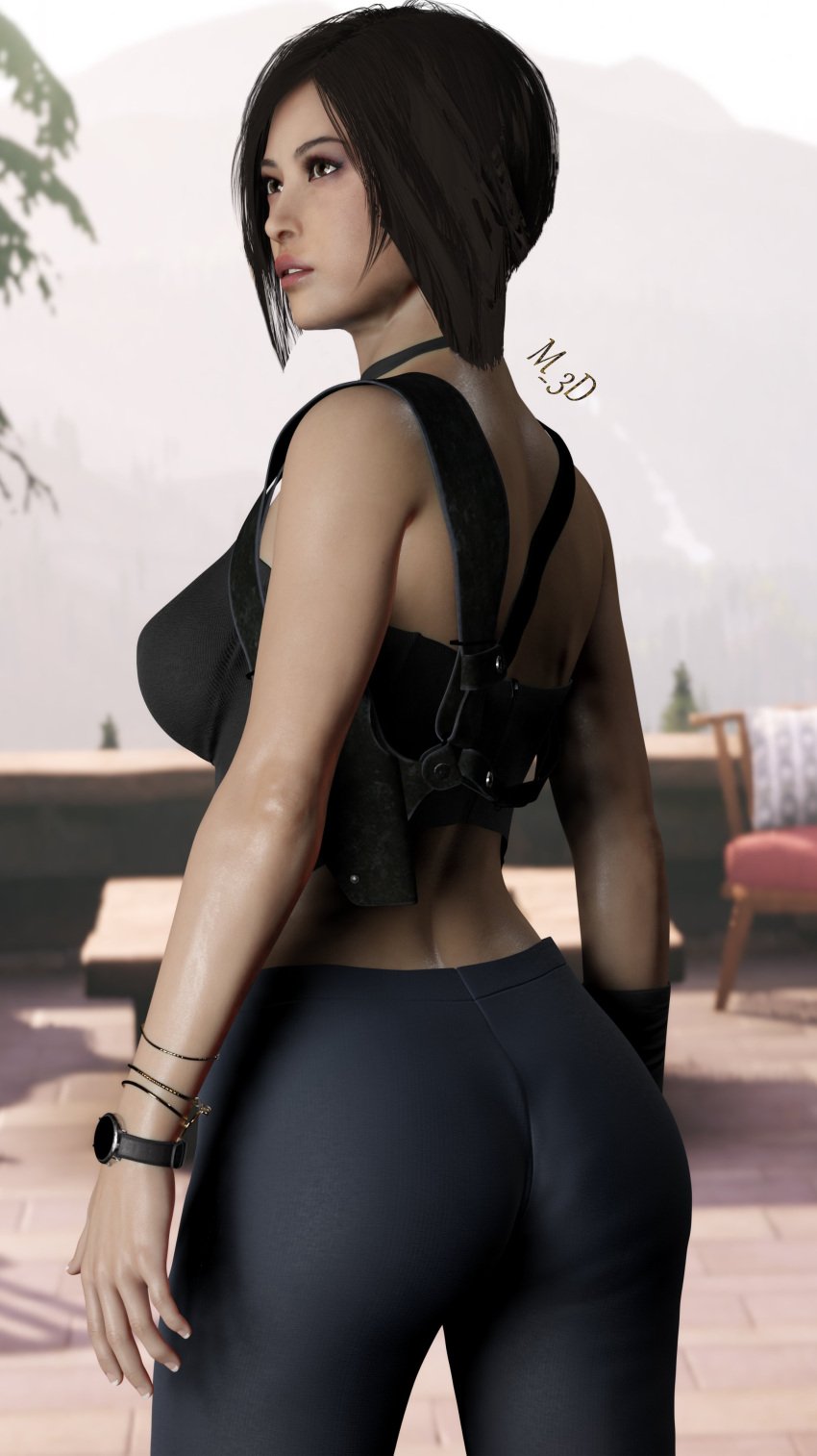 1girls 3d 3d_(artwork) ada_wong ada_wong_(adriana) ass back_view capcom clock female female_only fully_clothed golden_bracelets leggings mothana_3d resident_evil resident_evil_2 resident_evil_2_remake solo sports_bra weapon_holster yoga_pants