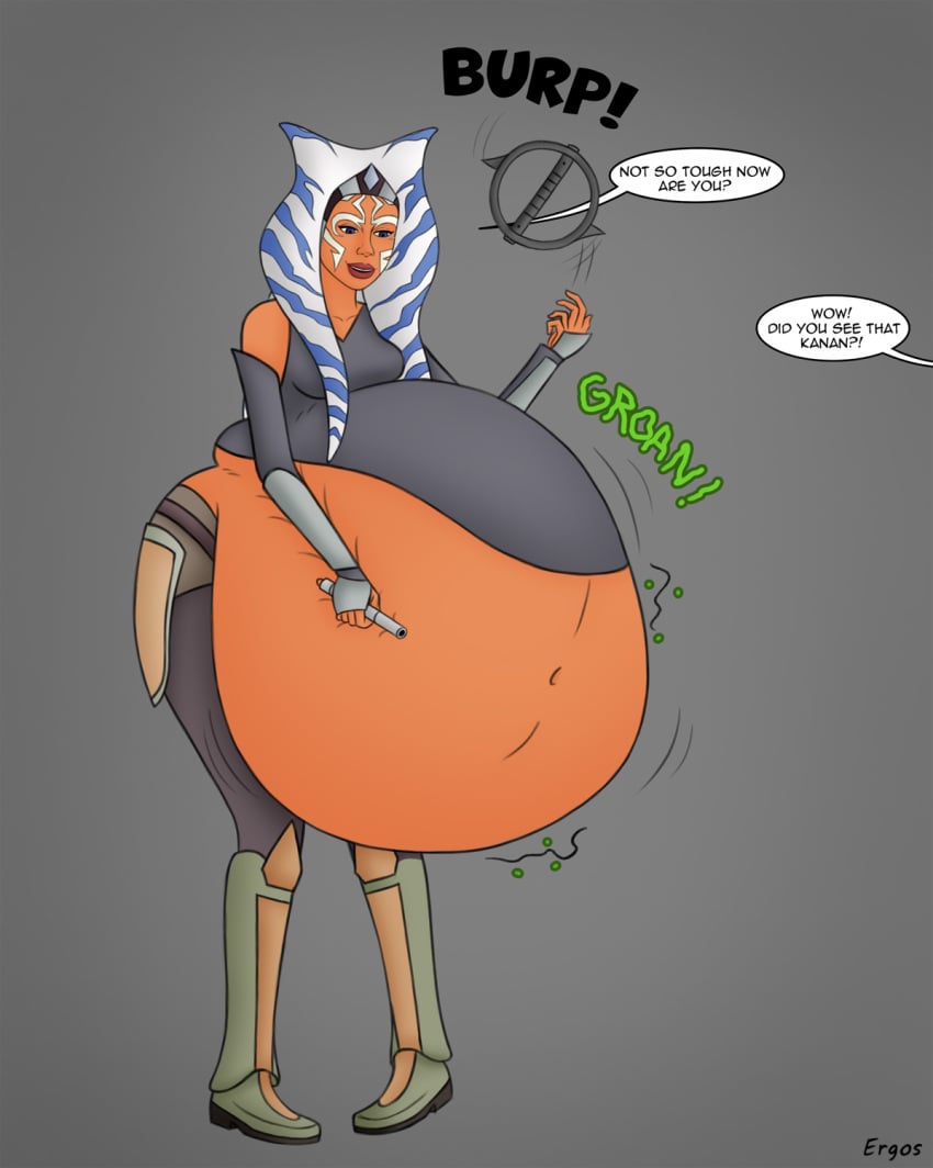 1girls ahsoka_tano alien alien_girl belly big_belly blue_eyes burp burping burping_up_items ergos female huge_belly orange_skin same_size_vore star_wars togruta vore