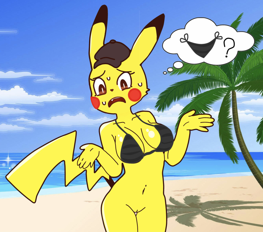 1girls after_transformation anthro ass beach bikini bodily_fluids breasts brown_eyes clothing cloud confused confusion deerstalker_hat detective_pikachu detective_pikachu_(series) dialogue dipstick_ears embarrassed english_text female fur gender_transformation hat headgear headwear leaves lost_clothes mammal multicolored_ears nintendo nipples no_panties no_underwear nude ocean palm_tree pikachu pokémon_(species) pokemon pokemon_rgby pussy red_cheeks rule_63 sand sea seaside solo standing sweat teeth text transformation tree video_games white_background wide_hips yellow_body