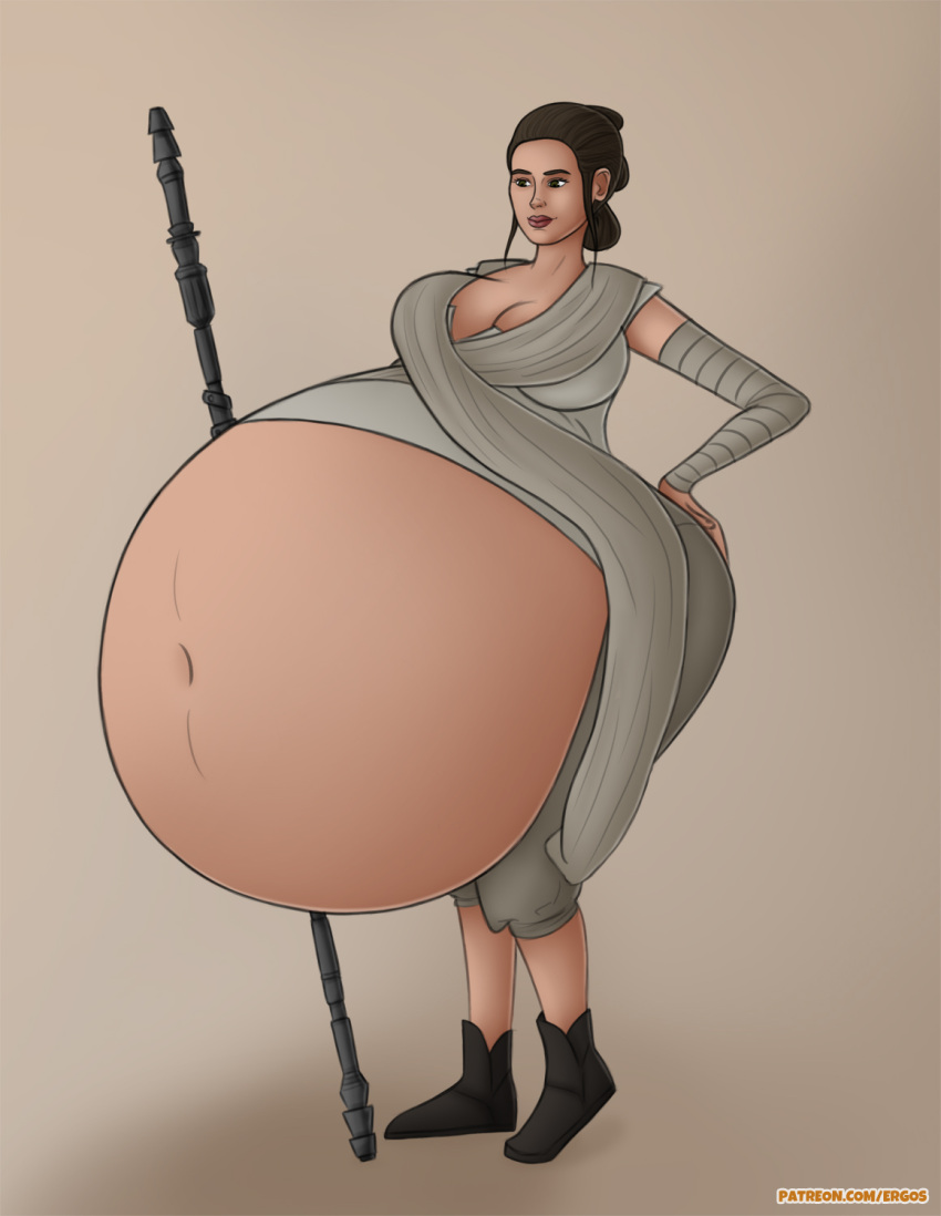 1girls belly big_belly big_breasts breasts brown_hair cleavage ergos female huge_belly rey same_size_vore star_wars vore