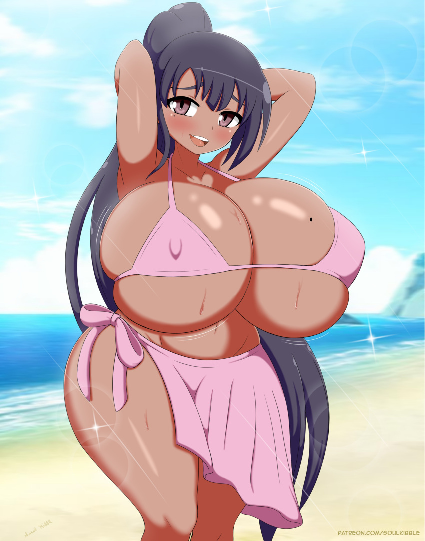 beach beauty_mark bikini black_hair blue_hair breasts breasts_bigger_than_head dark-skinned_female dark_skin huge_breasts lecha long_hair milf oc original_character pink_bikini ponytail purple_eyes shortstack soulkibble thick_thighs thighs underboob