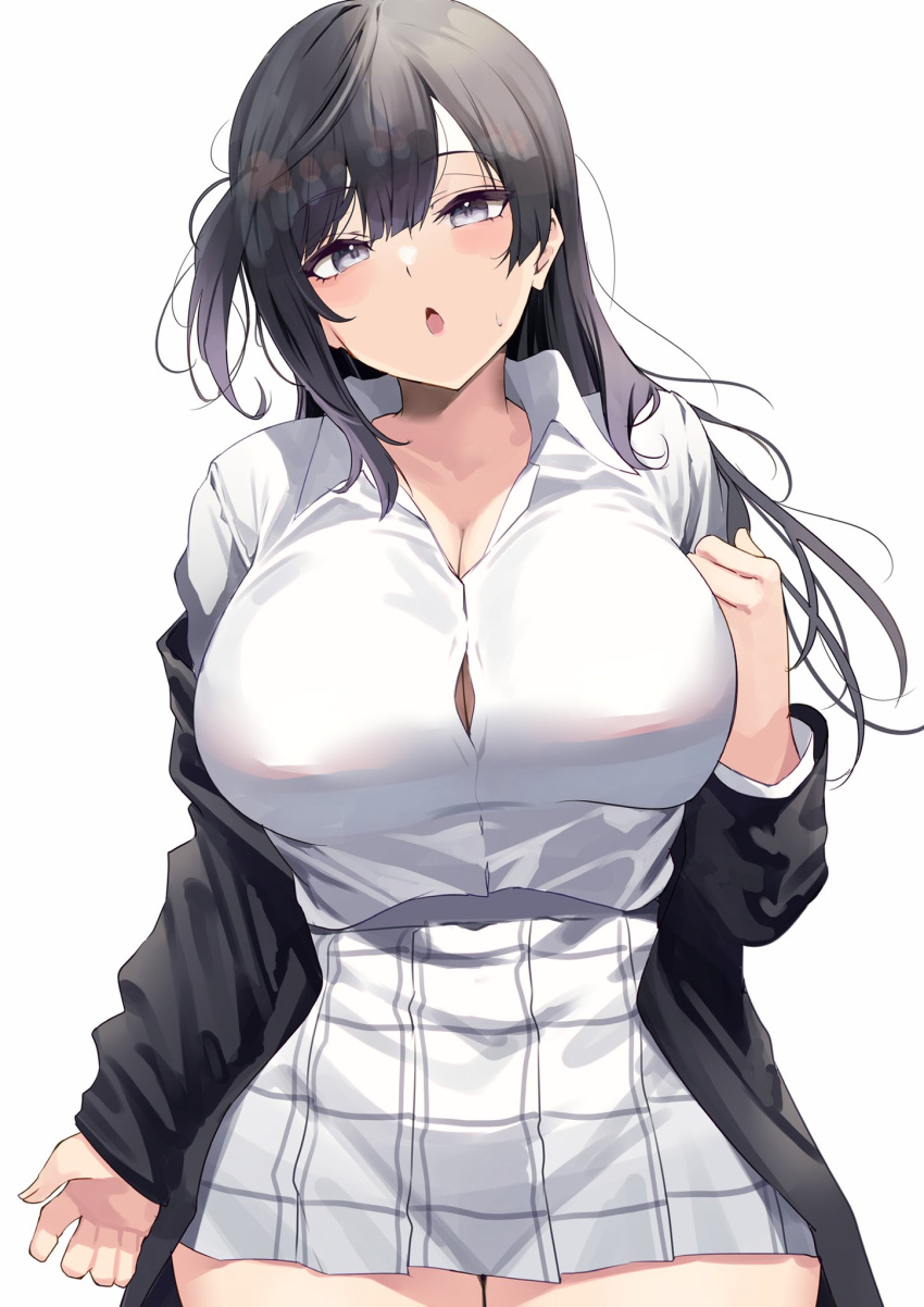 1girls big_breasts black_hair blue_eyes breasts busty female female_only grey_eyes hand_on_breast intermammary_cleft large_breasts looking_at_viewer love_live! love_live!_nijigasaki_high_school_idol_club mostly_clothed nervous no_bra school_uniform skirt solo tagme tight_clothing white_background yamasonson yuuki_setsuna_(love_live!)