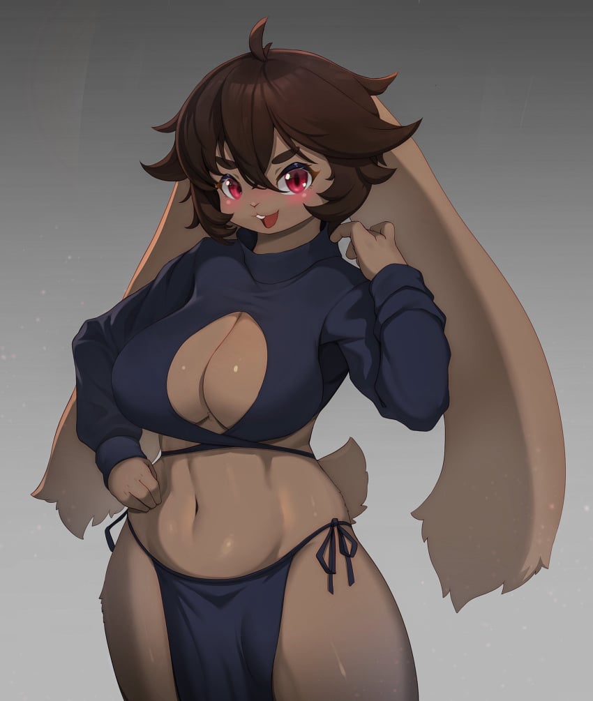 1girls anthro big_breasts bini_(woobin94) blush breasts brown_fur brown_hair cleavage_cutout clothed clothing female female_only fur furry furry_only hi_res lagomorph looking_at_viewer open_mouth rabbit rabbit_ears rabbit_tail red_eyes slit_pupils smiling smiling_at_viewer solo solo_female tail upper_teeth whooo-ya