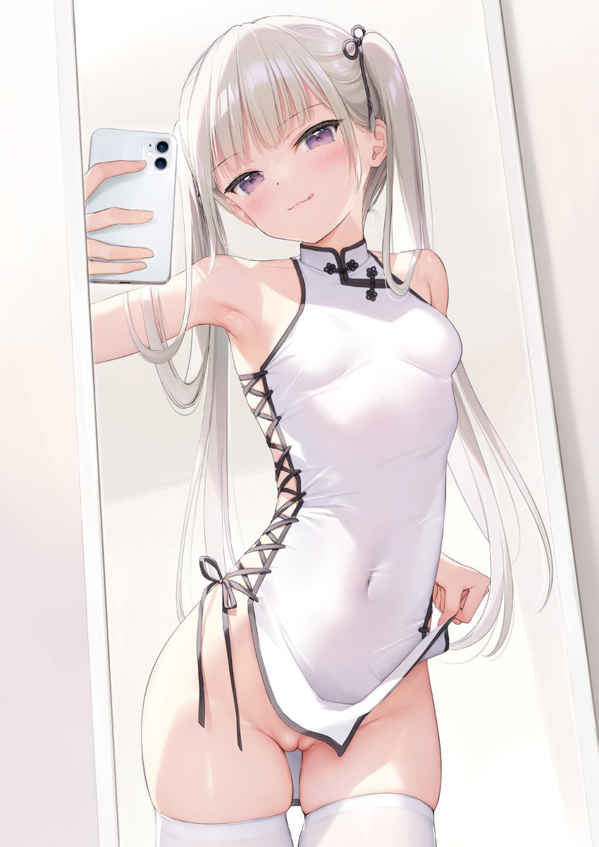 1girls belly belly_button blonde_hair clothed dress_lift female female_focus female_only kouhai-chan_(mignon) long_hair looking_at_viewer mignon original purple_eyes pussy selfie small_breasts smile smiling solo solo_female solo_focus stockings thigh_gap uncensored white_stockings