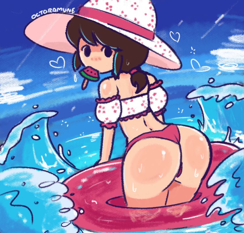 1girls ass bikini bikini_bottom bikini_top black_eyes black_hair butt female female_only from_behind hat heart highres ice_pop looking_at_viewer looking_back mob_face ocean octoramune real_person rear_view sky sun_hat temmie_chang tied_hair undertale virtual_youtuber water watermelon waves wide_hips youtube youtuber