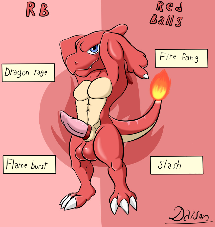 abs accessory anthro balls casual_nudity charmeleon daison_the_fox dragon fire flaming_tail furry genitals hi_res looking_at_viewer male male_only muscular muscular_male nintendo nude penis penis_accessory pokémon_(species) pokemon red_balls red_body scalie simple_background smile solo solo_male video_games