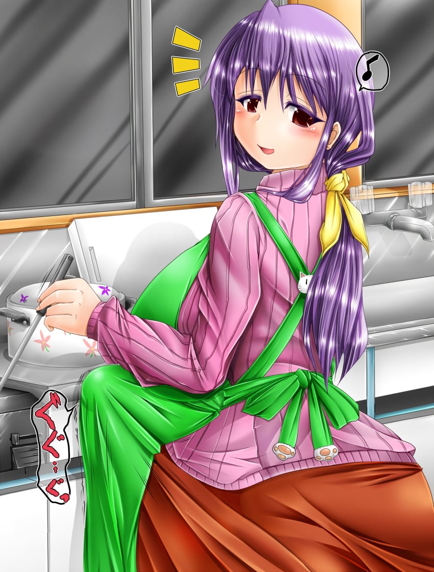 1futa apron back back_view boner breasts clothed clothing erection erection_under_clothes fully_clothed futa_only futanari huge_cock human light-skinned_futanari light_skin long_hair looking_back milf mother penis penis_under_dress purple_hair ruuru solo standing tagme tenting